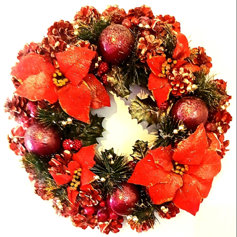 Pinecone wreath red with gold and green accents